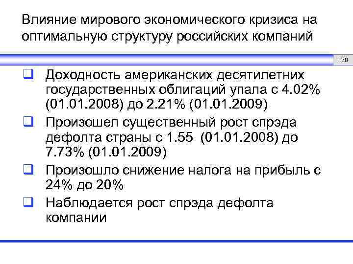 Влияние мирового экономического кризиса на оптимальную структуру российских компаний 130 q Доходность американских десятилетних