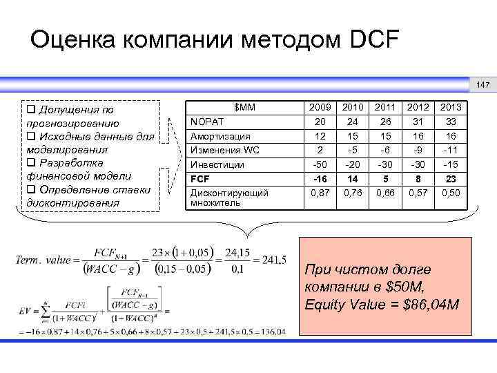 Оценка компании методом DCF 147 q Допущения по прогнозированию q Исходные данные для моделирования