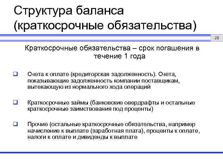 Структура баланса (краткосрочные обязательства) 20 Краткосрочные обязательства – срок погашения в течение 1 года