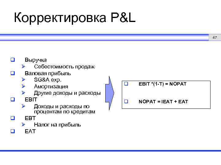 Корректировка P&L 47 q q q Выручка Ø Себестоимость продаж Валовая прибыль Ø SG&A