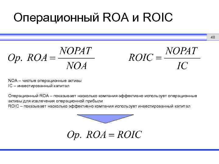 Операционный ROA и ROIC 48 NOA – чистые операционные активы IC – инвестированный капитал