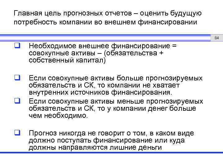 Главная цель прогнозных отчетов – оценить будущую потребность компании во внешнем финансировании 84 q