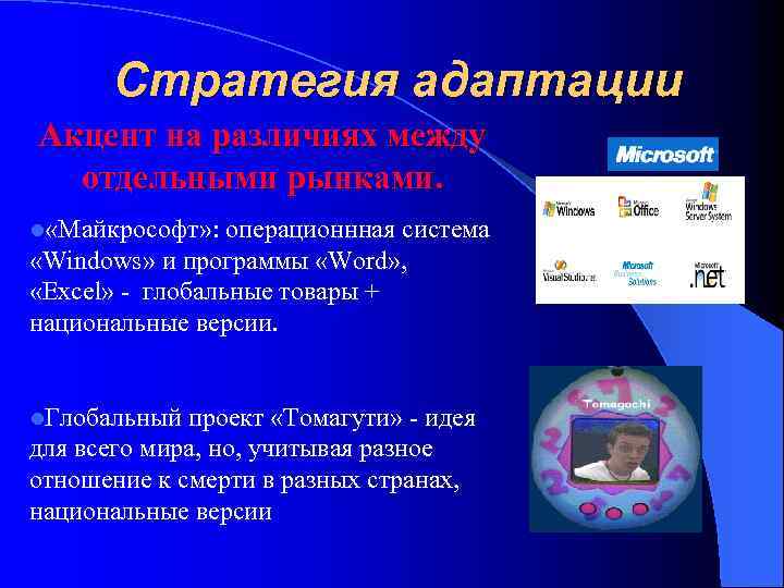 Стратегия адаптации Акцент на различиях между отдельными рынками. l «Майкрософт» : операционнная система «Windows»