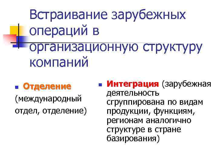 Встраивание зарубежных операций в организационную структуру компаний Отделение (международный отдел, отделение) n n Интеграция
