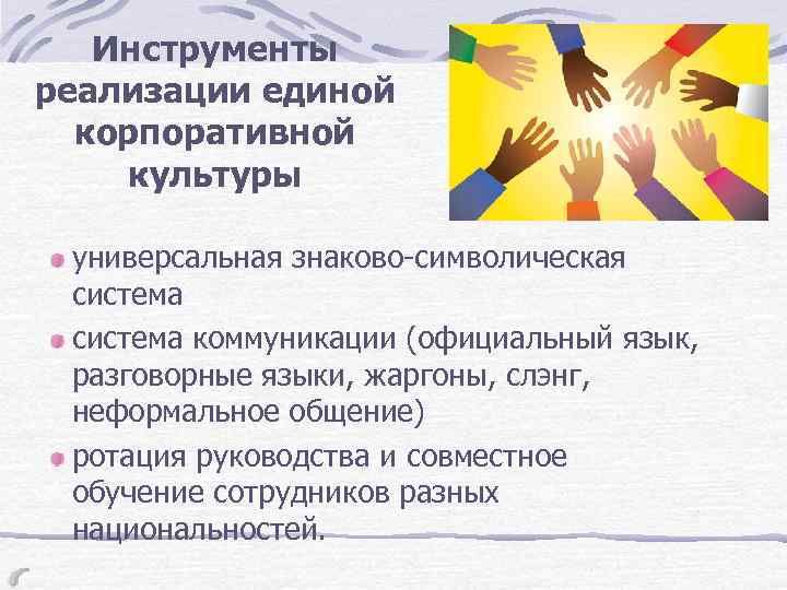 Инструменты реализации единой корпоративной культуры универсальная знаково-символическая система коммуникации (официальный язык, разговорные языки, жаргоны,