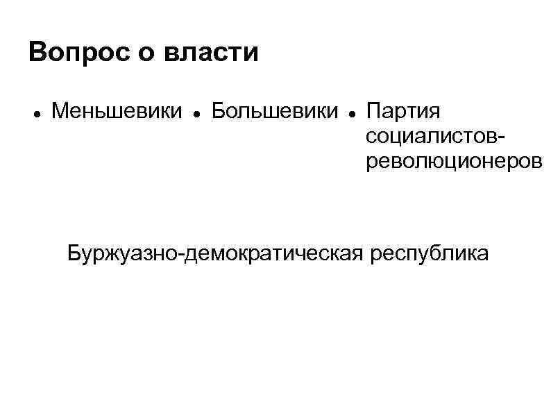 Вопрос о власти Меньшевики Большевики Партия социалистовреволюционеров Буржуазно-демократическая республика 