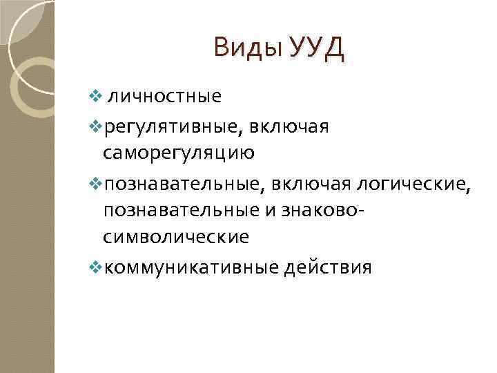 Виды УУД v личностные vрегулятивные, включая саморегуляцию vпознавательные, включая логические, познавательные и знаковосимволические vкоммуникативные