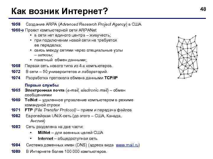 Как возник Интернет? 1958 Создание ARPA (Advanced Research Project Agency) в США. 1960 -е