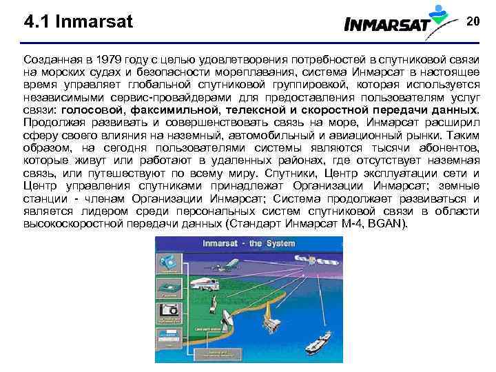 4. 1 Inmarsat 20 Созданная в 1979 году с целью удовлетворения потребностей в спутниковой