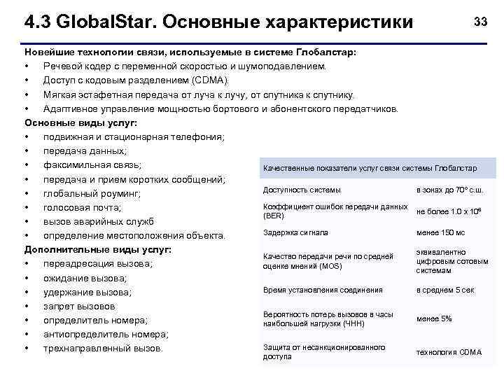 4. 3 Global. Star. Основные характеристики 33 Новейшие технологии связи, используемые в системе Глобалстар: