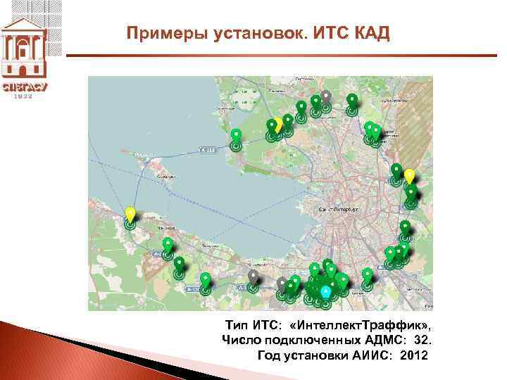 Примеры установок. ИТС КАД Тип ИТС: «Интеллект. Траффик» , Число подключенных АДМС: 32. Год