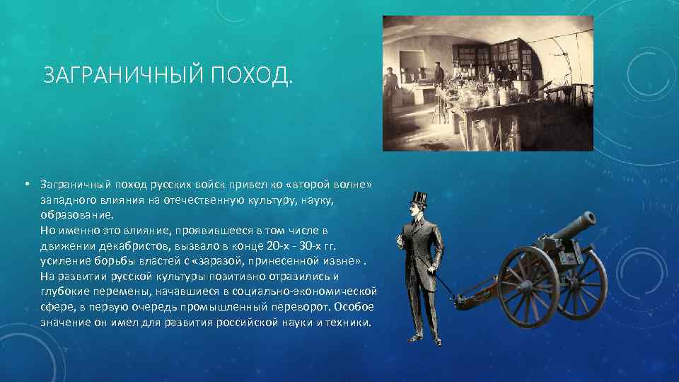 ЗАГРАНИЧНЫЙ ПОХОД. • Заграничный поход русских войск привел ко «второй волне» западного влияния на