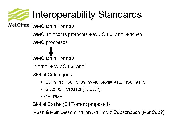 Interoperability Standards WMO Data Formats WMO Telecoms protocols + WMO Extranet + ‘Push’ WMO