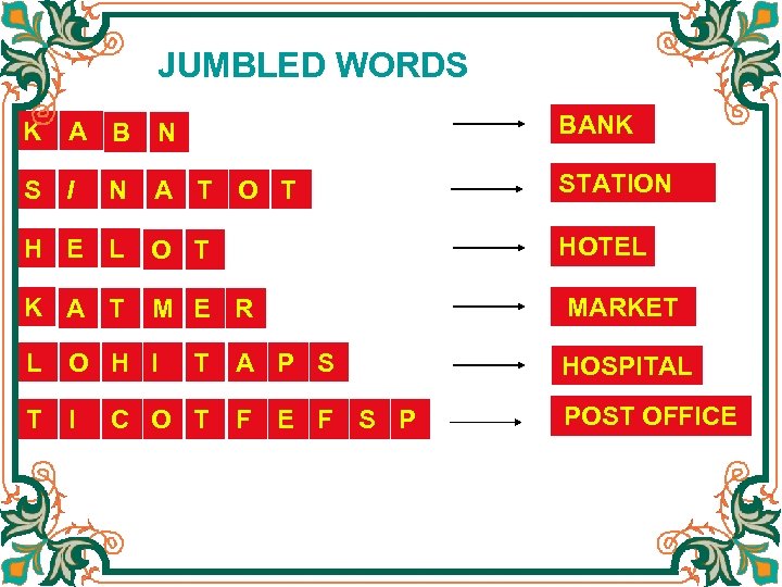 JUMBLED WORDS N BANK A T O T STATION H E L O T