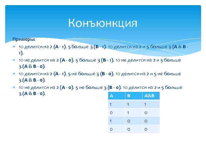 Конъюнкция Примеры: 10 делится на 2 (A - 1). 5 больше 3 (B -