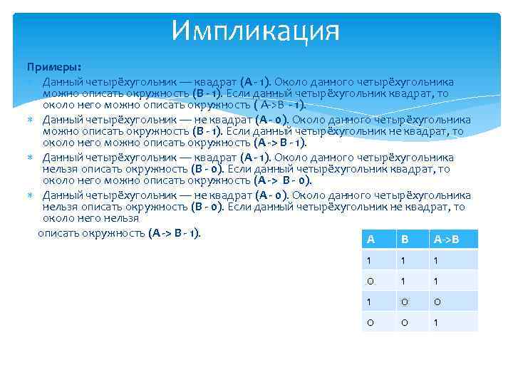 Импликация Примеры: Данный четырёхугольник — квадрат (A - 1). Около данного четырёхугольника можно описать