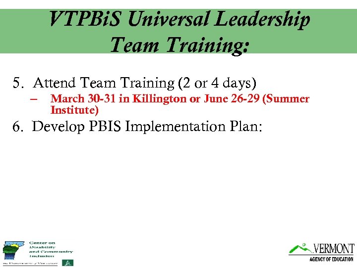 VTPBi. S Universal Leadership Team Training: 5. Attend Team Training (2 or 4 days)
