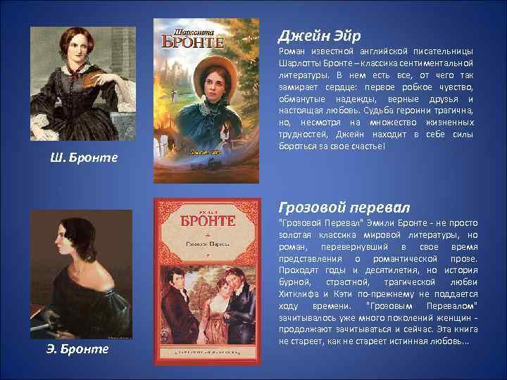 Джейн Эйр Ш. Бронте Роман известной английской писательницы Шарлотты Бронте – классика сентиментальной литературы.