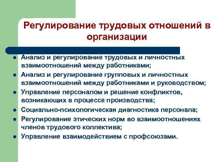 Регулирование трудовых отношений в организации l l l Анализ и регулирование трудовых и личностных