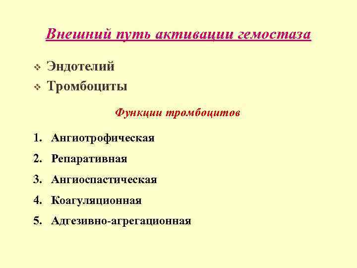 Внешний путь активации гемостаза v v Эндотелий Тромбоциты Функции тромбоцитов 1. Ангиотрофическая 2. Репаративная