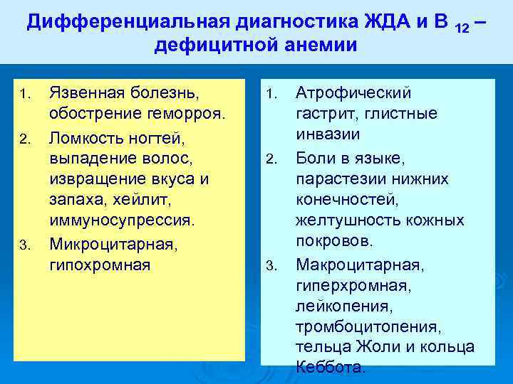 Дифференциальная диагностика ЖДА и В 12 – дефицитной анемии 1. 2. 3. Язвенная болезнь,
