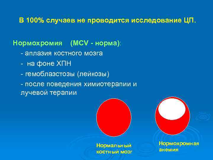 В 100% случаев не проводится исследование ЦП. Нормохромия (MCV - норма): аплазия костного мозга