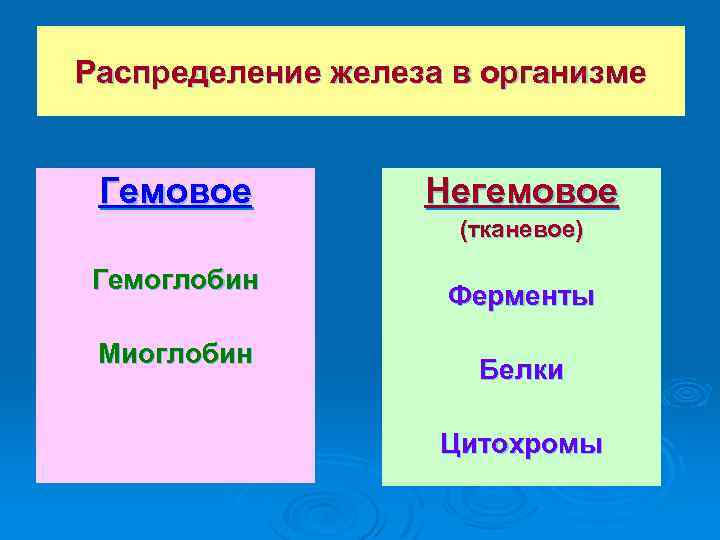 Распределение железа в организме Гемовое Негемовое (тканевое) Гемоглобин Миоглобин Ферменты Белки Цитохромы 