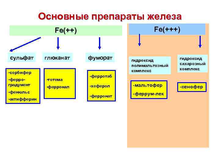 Основные препараты железа Fe(+++) Fe(++) сульфат глюканат -сорбифер -ферроградумент -фенюльс -актифферин -тотема -ферронал фуморат