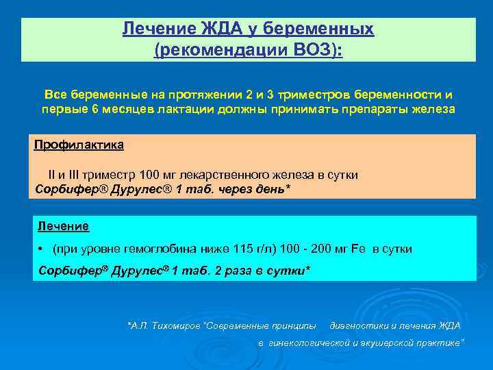 Лечение ЖДА у беременных (рекомендации ВОЗ): Все беременные на протяжении 2 и 3 триместров