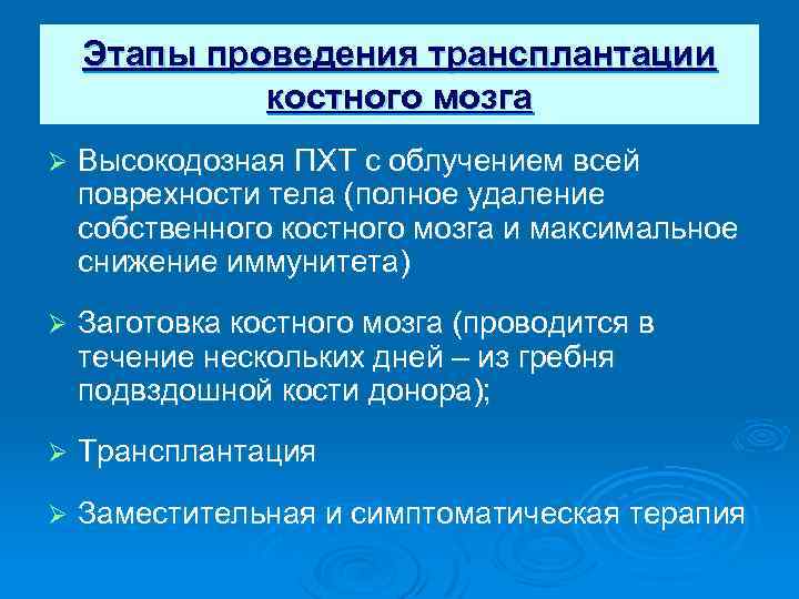 Этапы проведения трансплантации костного мозга Ø Высокодозная ПХТ с облучением всей поврехности тела (полное