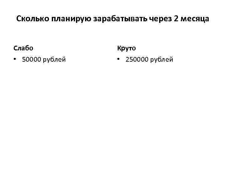 Сколько планирую зарабатывать через 2 месяца Слабо Круто • 50000 рублей • 250000 рублей