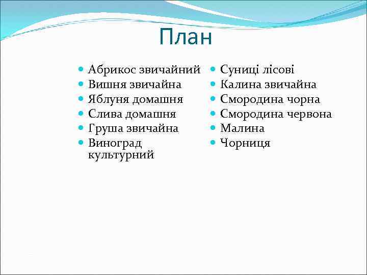 План Абрикос звичайний Вишня звичайна Яблуня домашня Слива домашня Груша звичайна Виноград культурний Суниці
