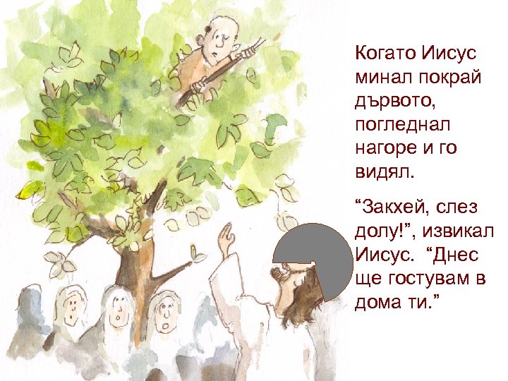 Когато Иисус минал покрай дървото, погледнал нагоре и го видял. “Закхей, слез долу!”, извикал