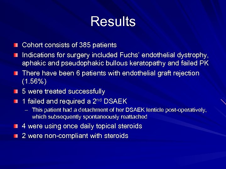Results Cohort consists of 385 patients Indications for surgery included Fuchs’ endothelial dystrophy, aphakic