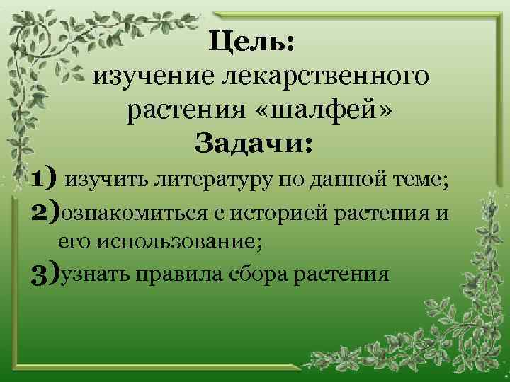 Цель: изучение лекарственного растения «шалфей» Задачи: 1) изучить литературу по данной теме; 2)ознакомиться с