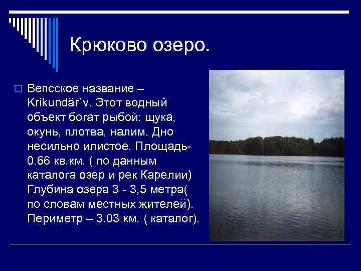 Крюково озеро. o Вепсское название – Krikundär`v. Этот водный объект богат рыбой: щука, окунь,