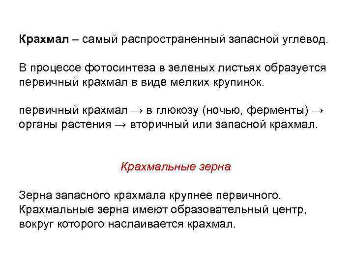 Крахмал – самый распространенный запасной углевод. В процессе фотосинтеза в зеленых листьях образуется первичный