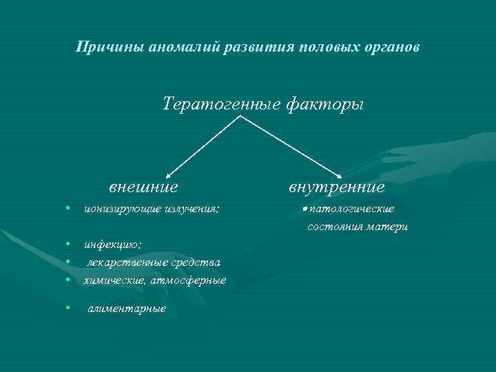 Причины аномалий развития половых органов Тератогенные факторы внешние • ионизирующие излучения; внутренние патологические состояния