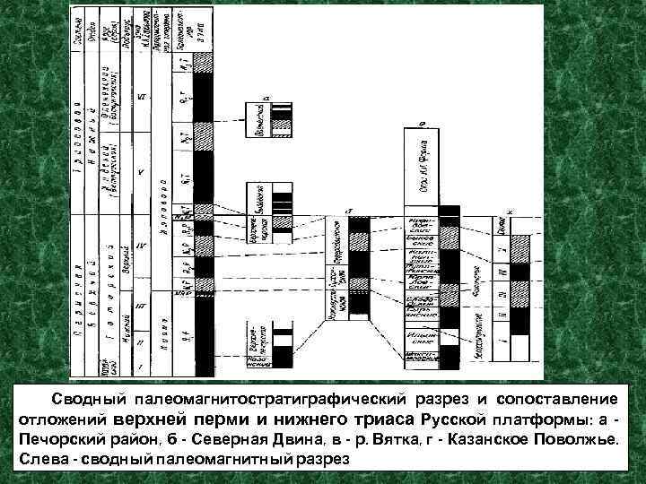 Сводный палеомагнитостратиграфический разрез и сопоставление отложений верхней перми и нижнего триаса Русской платформы: а