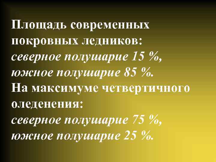 Площадь современных покровных ледников: северное полушарие 15 %, южное полушарие 85 %. На максимуме