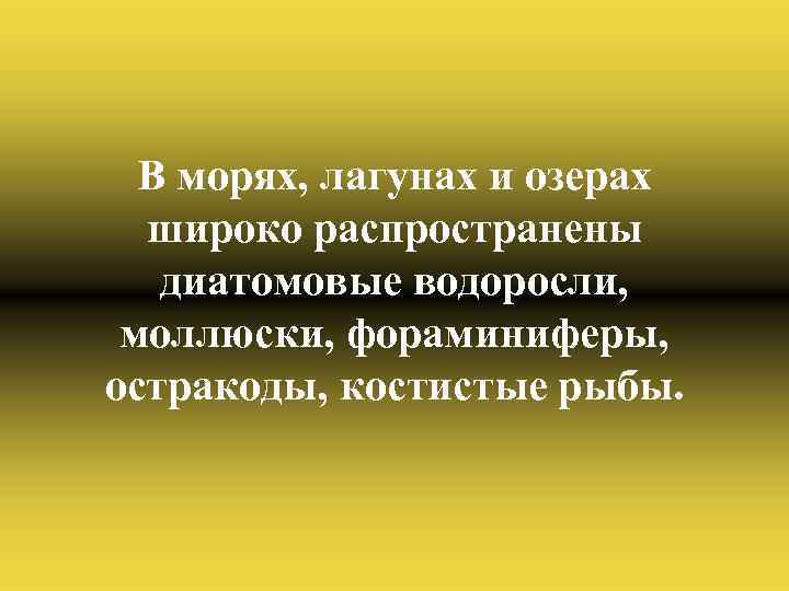 В морях, лагунах и озерах широко распространены диатомовые водоросли, моллюски, фораминиферы, остракоды, костистые рыбы.