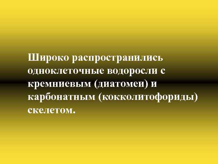 Широко распространились одноклеточные водоросли с кремниевым (диатомеи) и карбонатным (кокколитофориды) скелетом. 