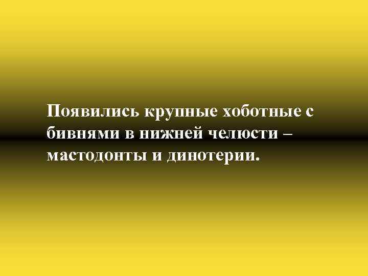 Появились крупные хоботные с бивнями в нижней челюсти – мастодонты и динотерии. 