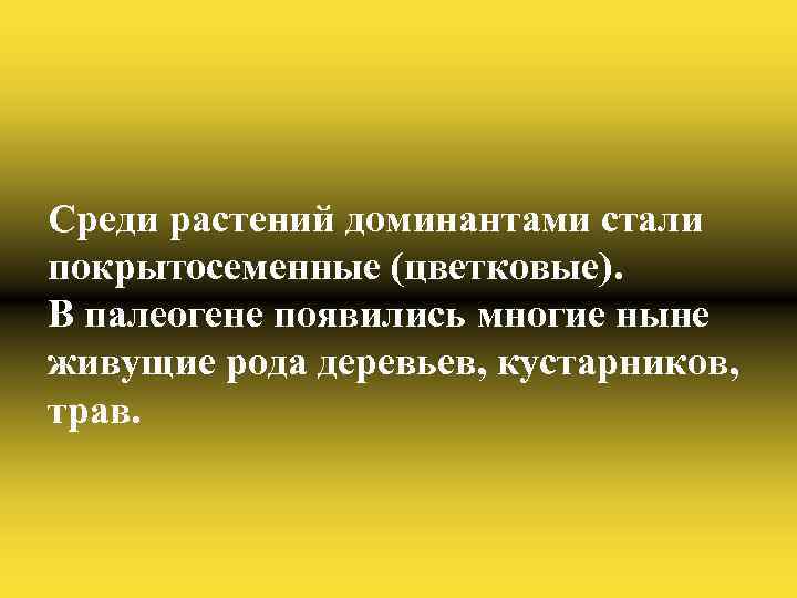 Среди растений доминантами стали покрытосеменные (цветковые). В палеогене появились многие ныне живущие рода деревьев,