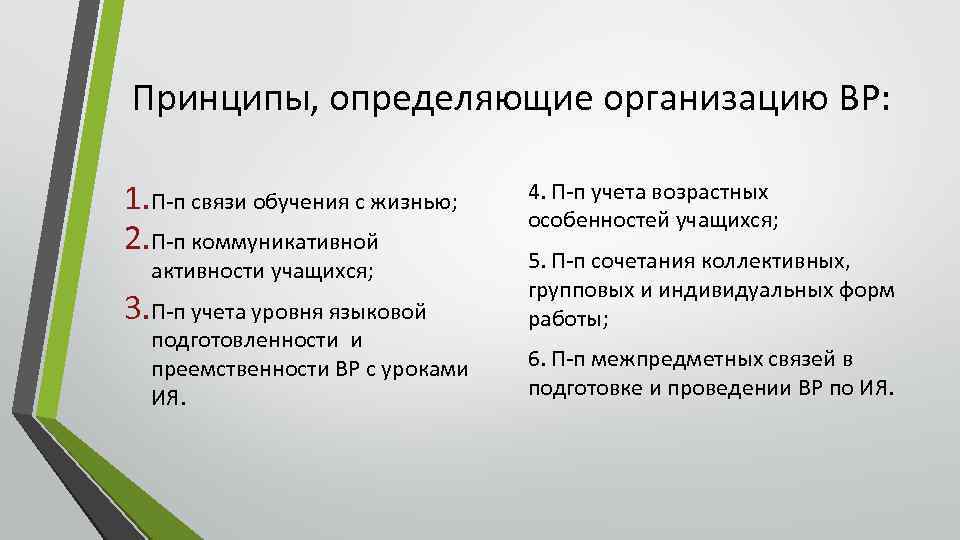 Принципы, определяющие организацию ВР: 1. П-п связи обучения с жизнью; 2. П-п коммуникативной активности