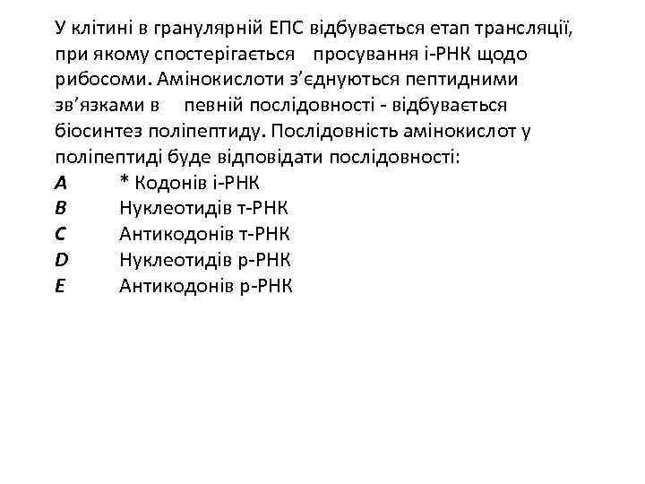 У клітині в гранулярній ЕПС відбувається етап трансляції, при якому спостерігається просування і-РНК щодо