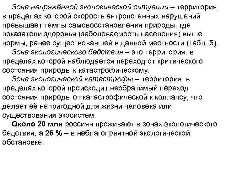 Зона напряжённой экологической ситуации – территория, в пределах которой скорость антропогенных нарушений превышает темпы