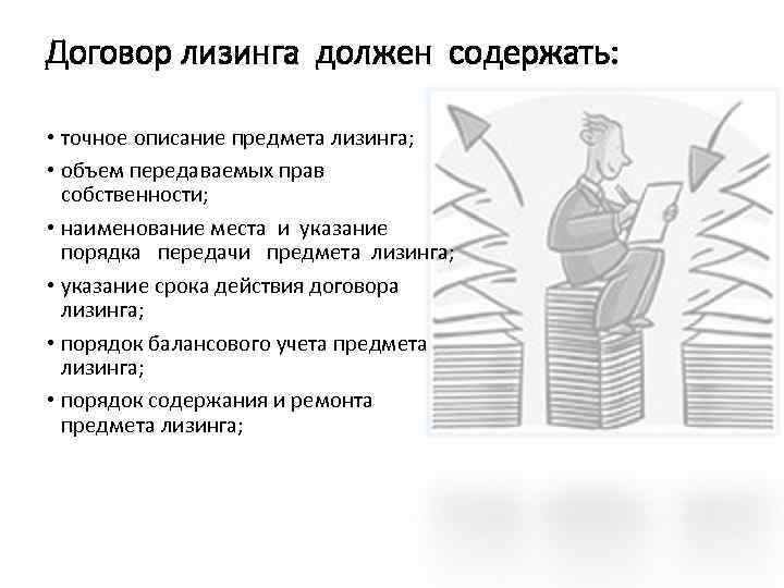 Договор лизинга должен содержать: • точное описание предмета лизинга; • объем передаваемых прав собственности;