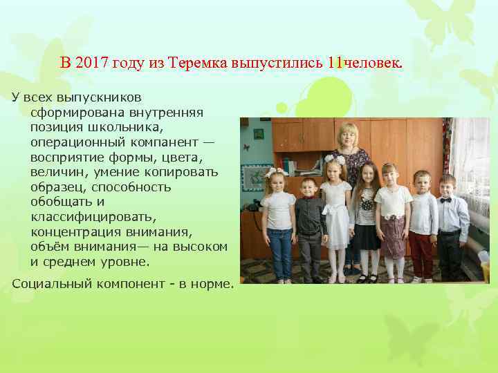 В 2017 году из Теремка выпустились 11 человек. У всех выпускников сформирована внутренняя позиция