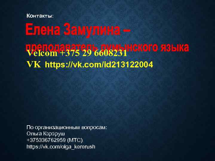 Контакты: Velcom +375 29 6608231 VK https: //vk. com/id 213122004 По организационным вопросам: Ольга